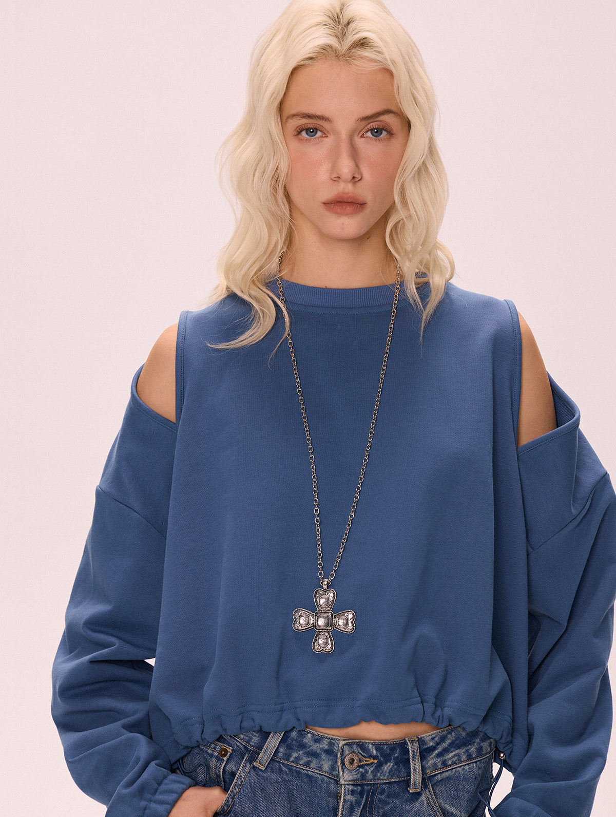 Blue off-shoulder short drawstring crew neck sweater