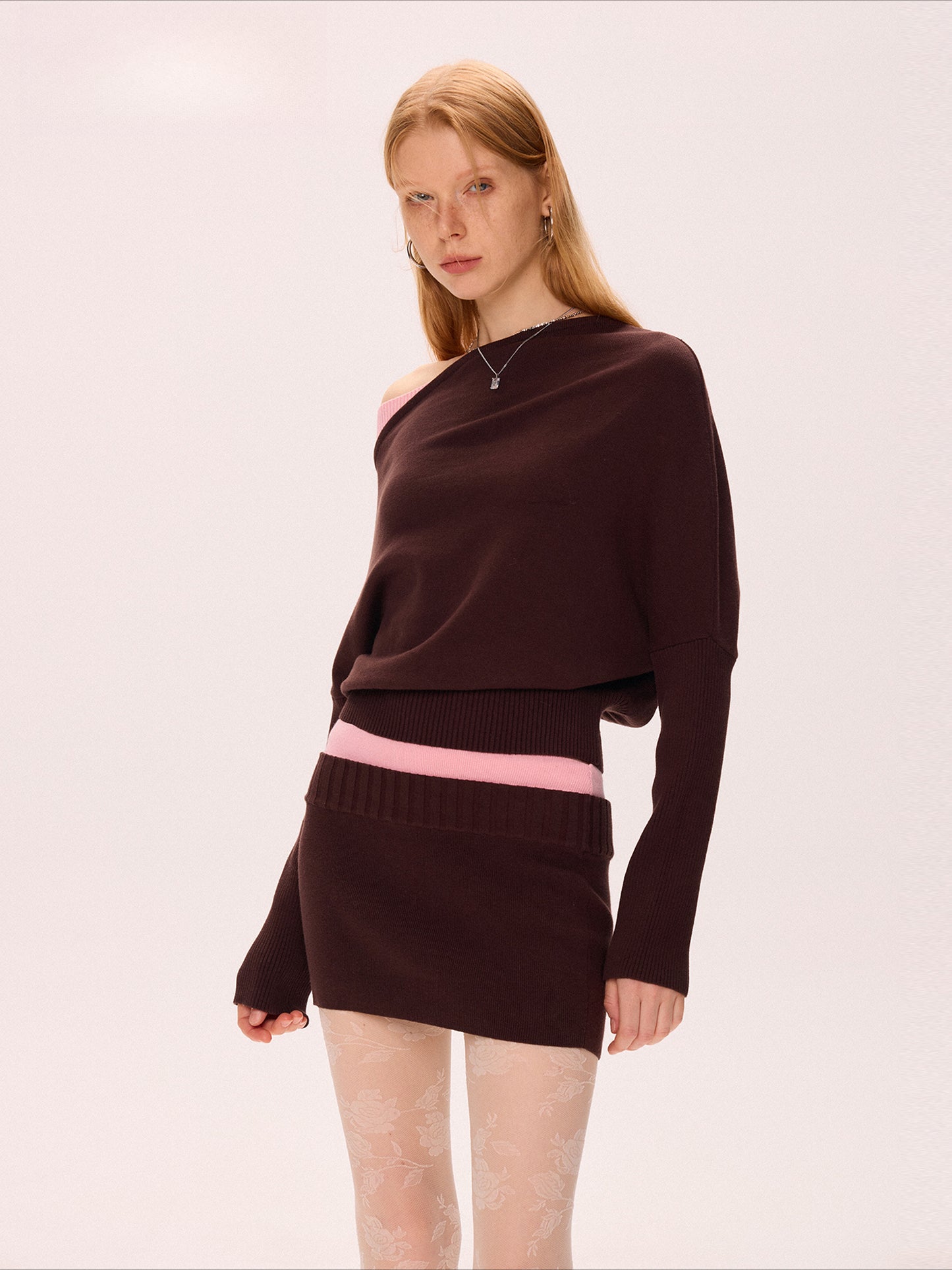 Coffee slanted shoulder bat sleeve sweater