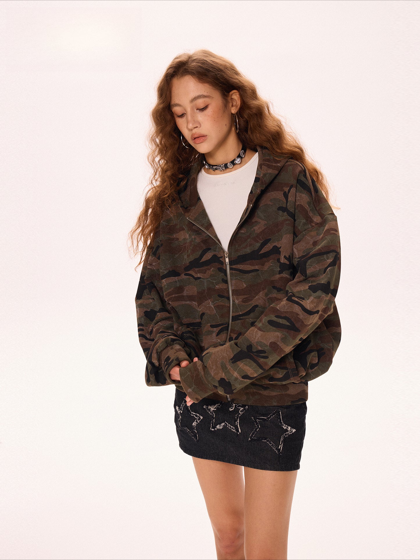 Camouflage Hooded Sweater Jacket Cardigan Zip-Up Top