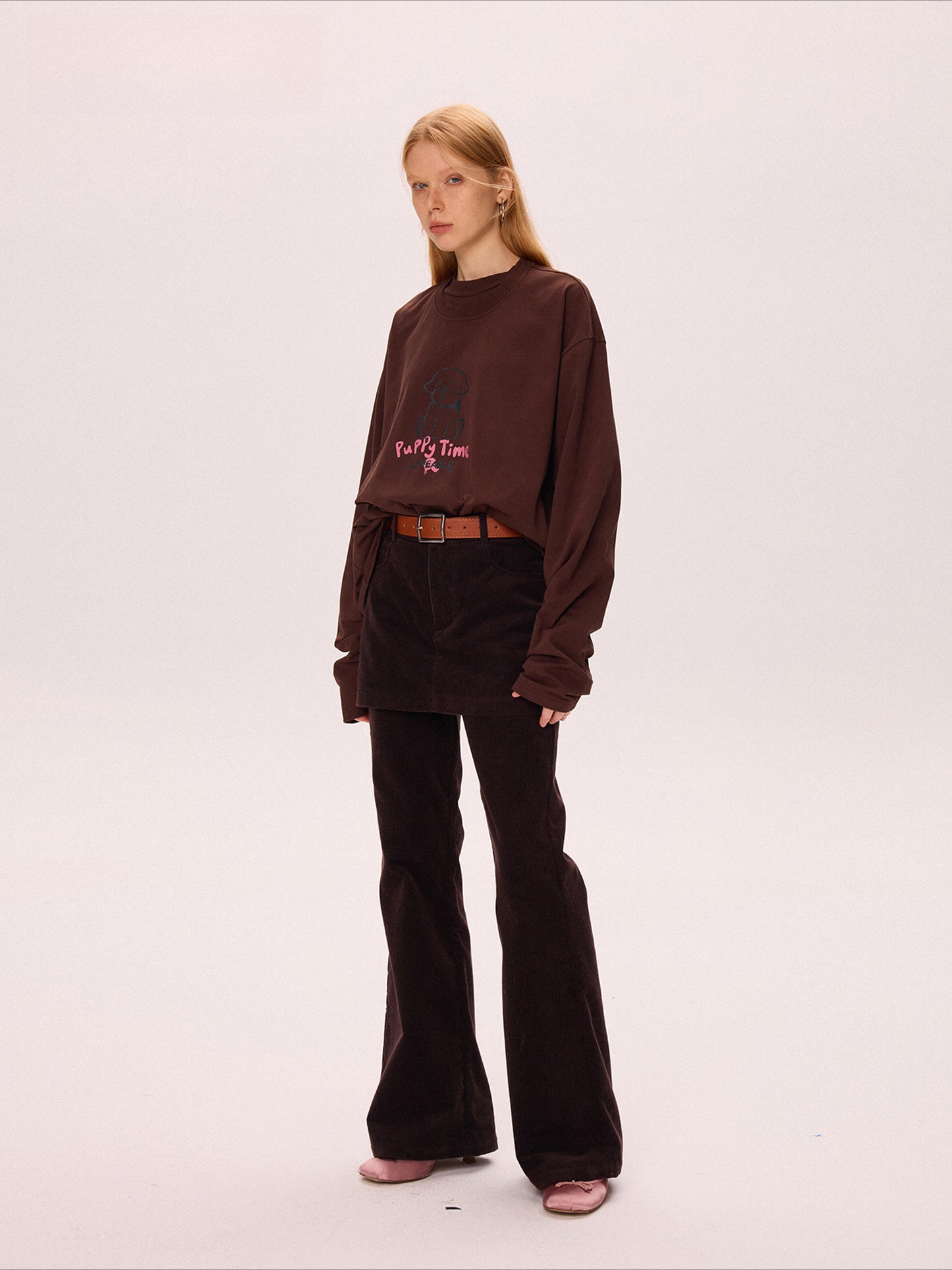 Brown Printed Long Sleeve Loose Sweatshirt