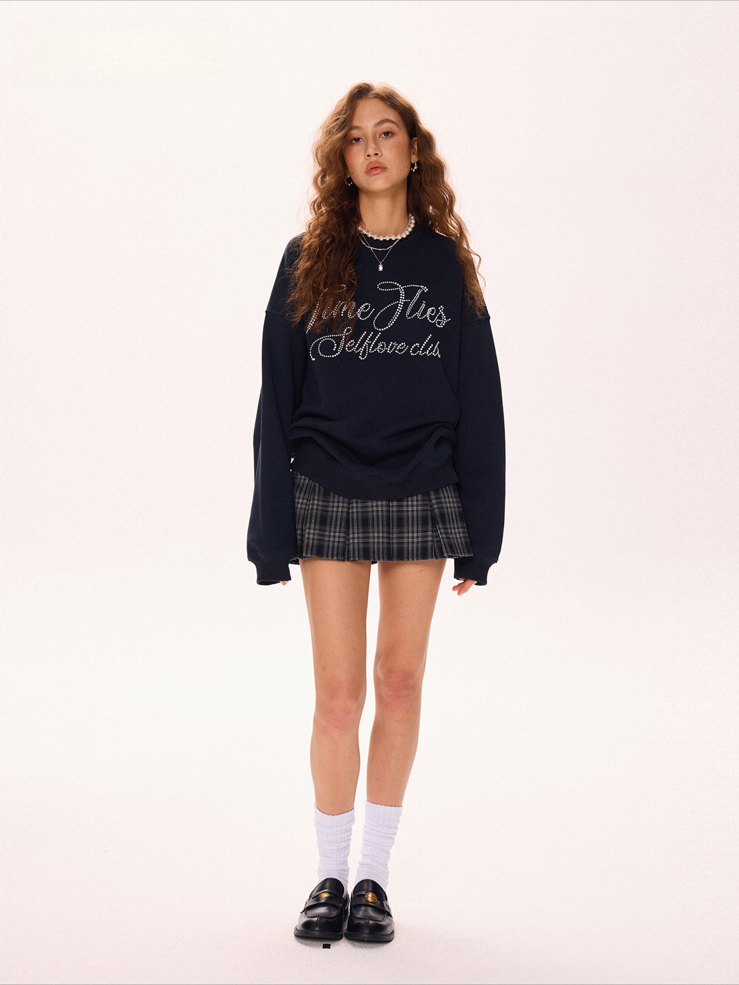 Black plaid A-line pleated skirt