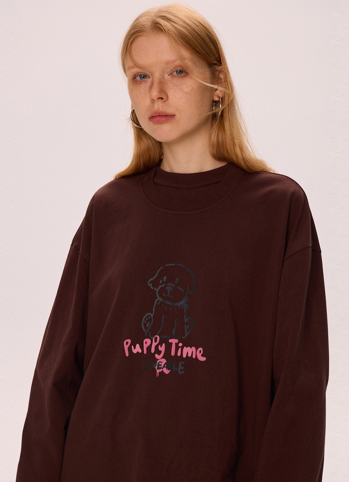 Brown Printed Long Sleeve Loose Sweatshirt
