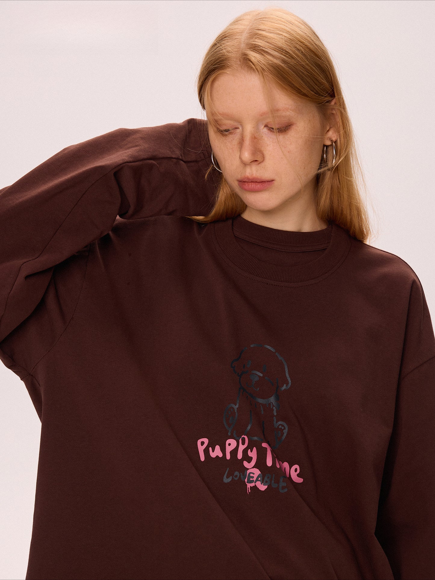 Brown Printed Long Sleeve Loose Sweatshirt