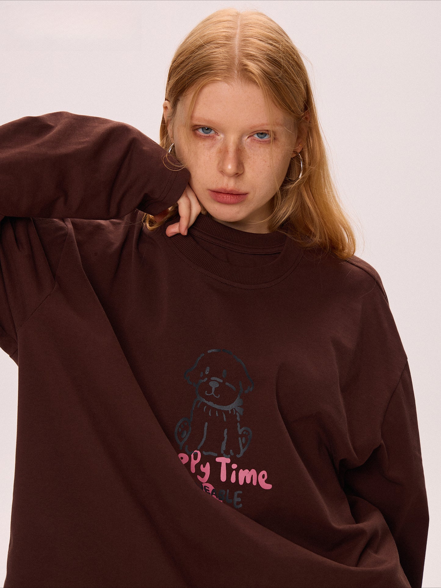 Brown Printed Long Sleeve Loose Sweatshirt