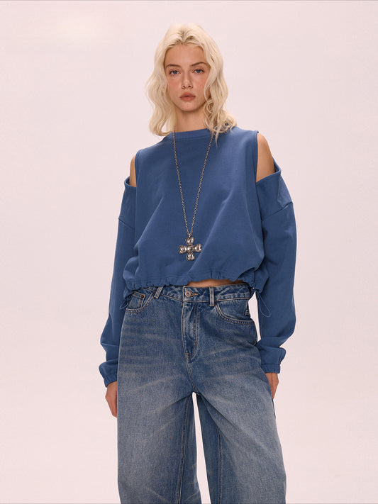 Blue off-shoulder short drawstring crew neck sweater