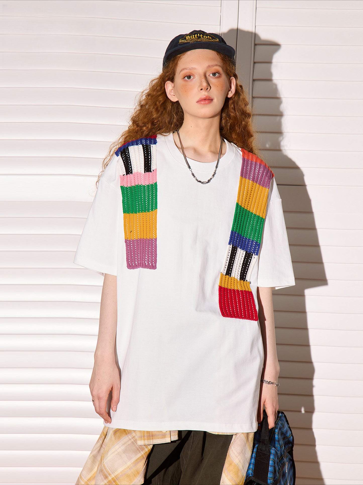 Rainbow wool splicing short-sleeved T-shirt
