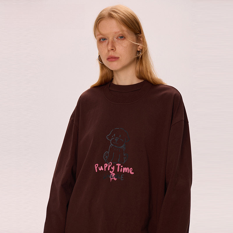 Brown Printed Long Sleeve Loose Sweatshirt