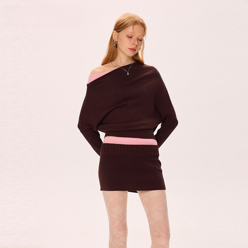 Coffee slanted shoulder bat sleeve sweater