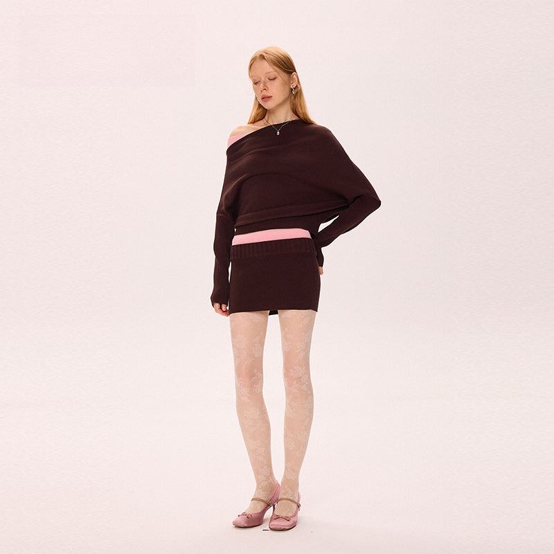 Coffee slanted shoulder bat sleeve sweater