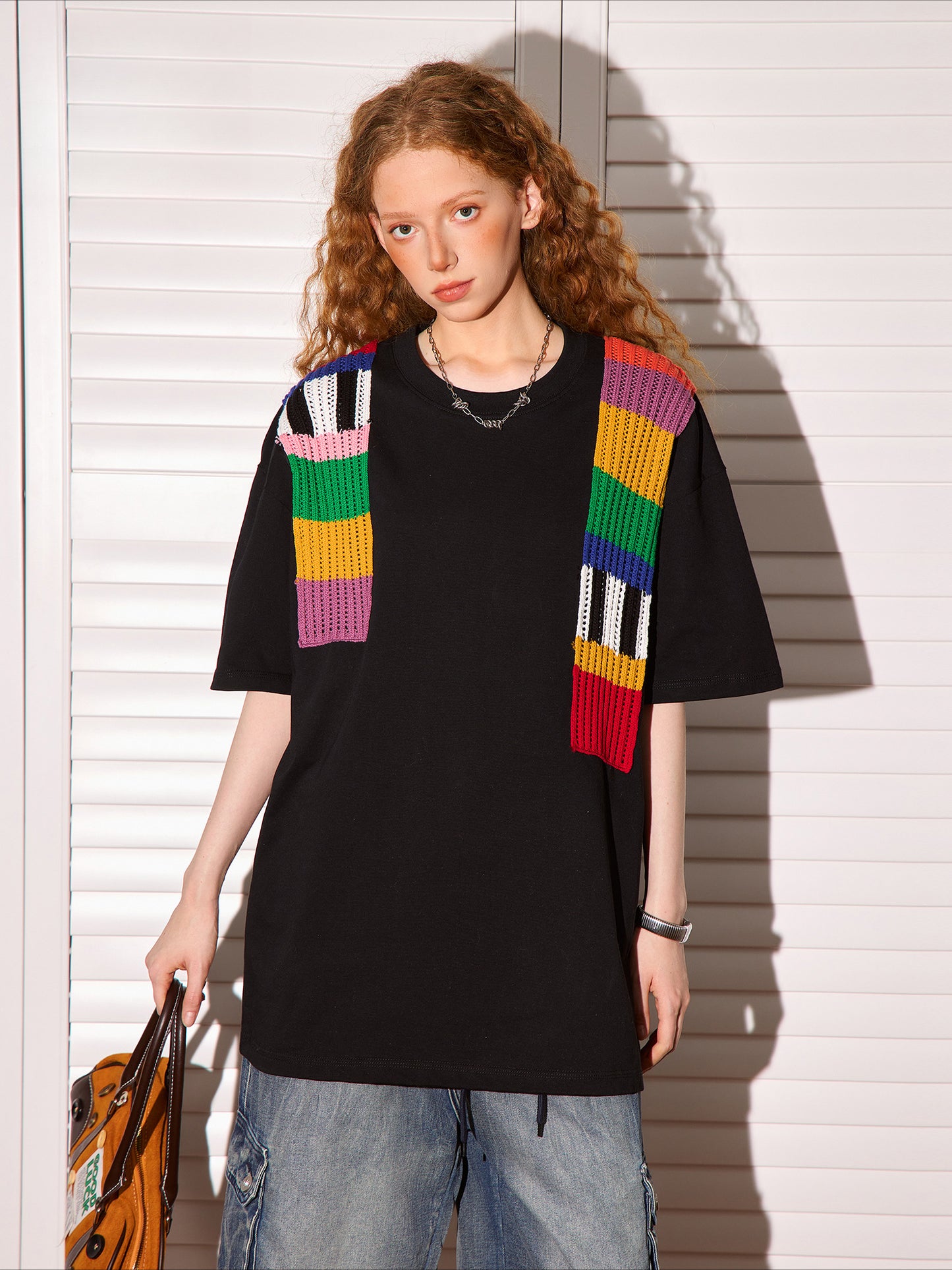 Rainbow wool splicing short-sleeved T-shirt
