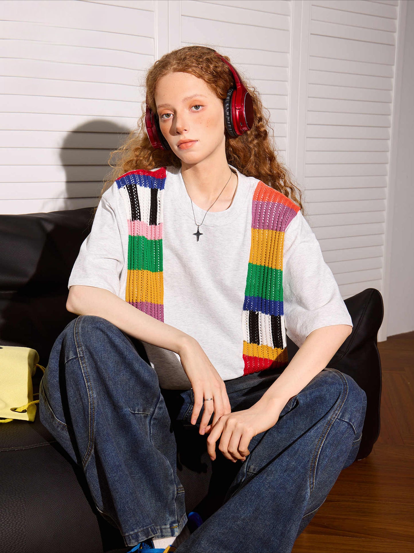 Rainbow wool splicing short-sleeved T-shirt
