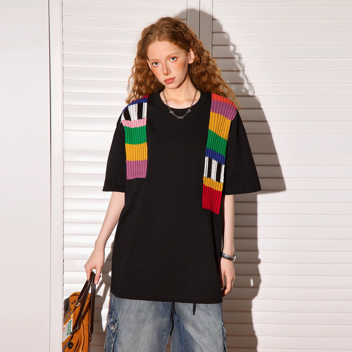 Rainbow wool splicing short-sleeved T-shirt