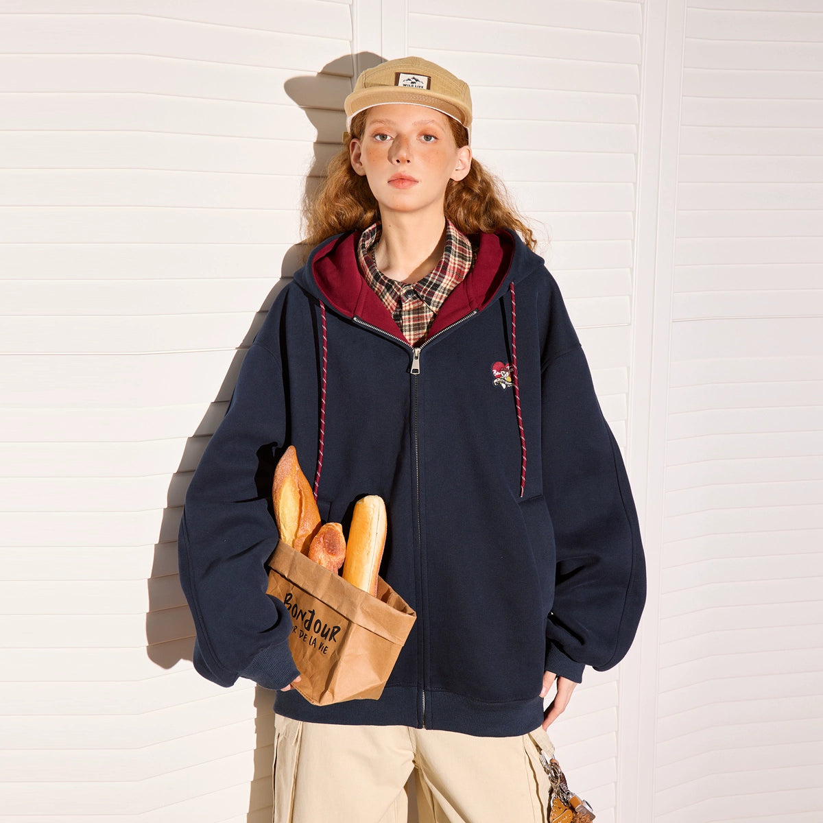 Bear embroidered color-block cardigan