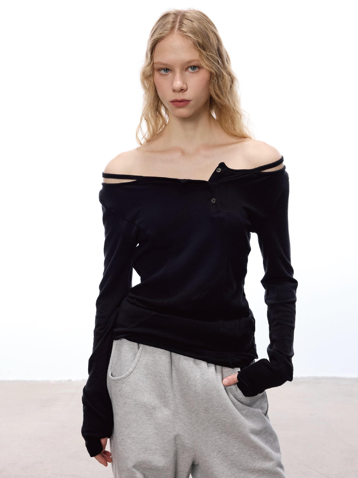 Women's Off-Shoulder Asymmetric Strap Wool Tencel Slim Fit Layered Long Sleeve Casual Top