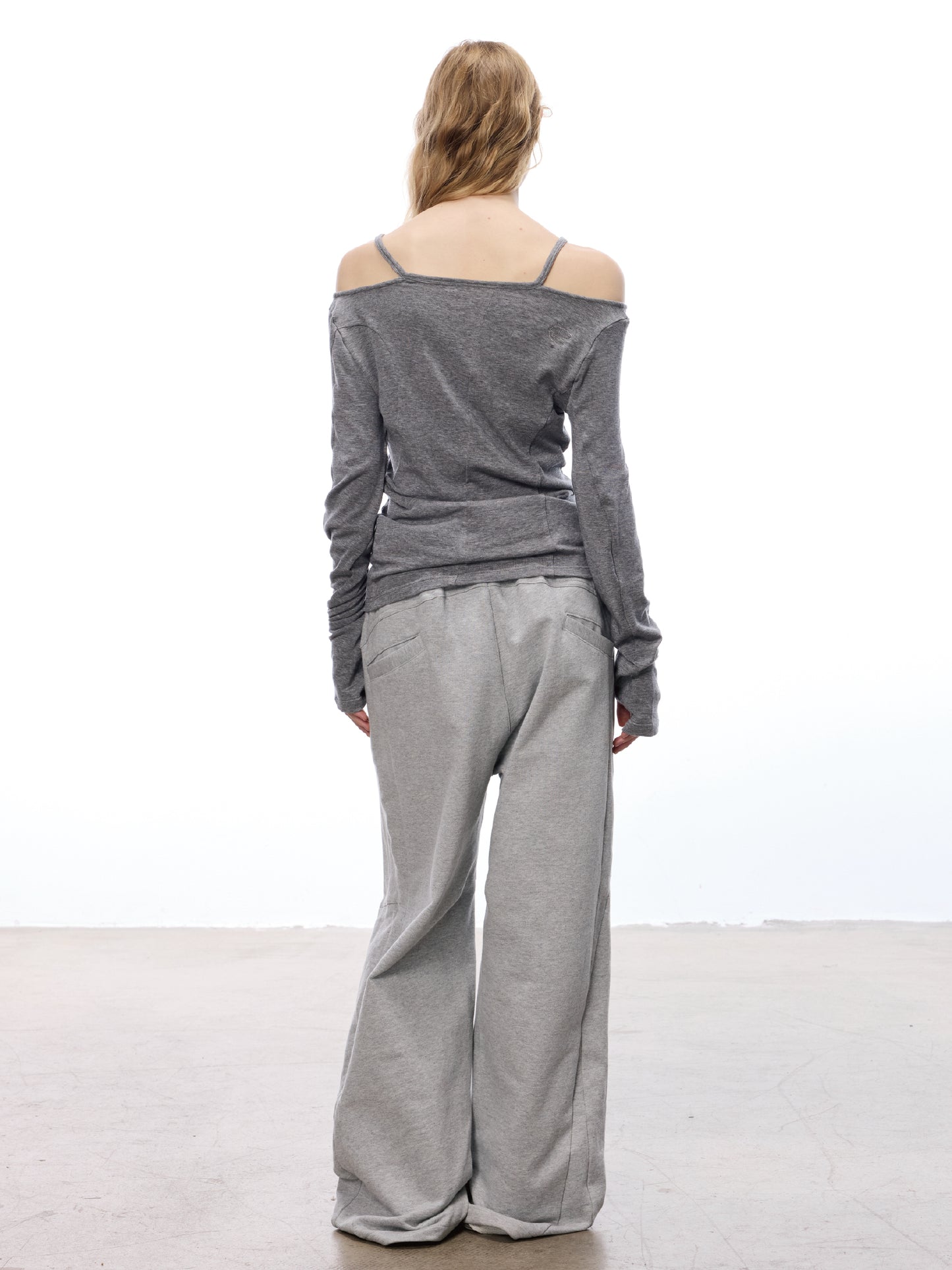 Women's Off-Shoulder Asymmetric Strap Wool Tencel Slim Fit Layered Long Sleeve Casual Top