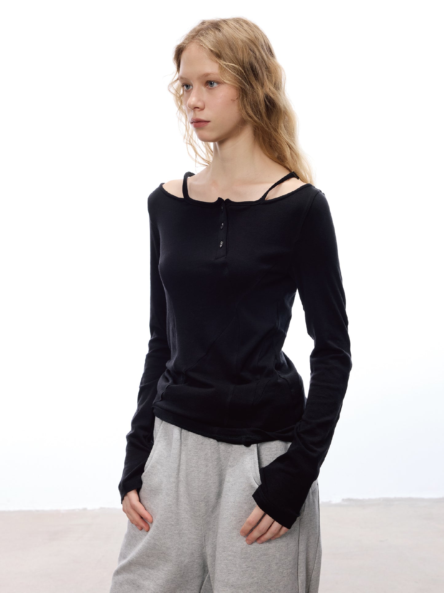 Women's Off-Shoulder Asymmetric Strap Wool Tencel Slim Fit Layered Long Sleeve Casual Top