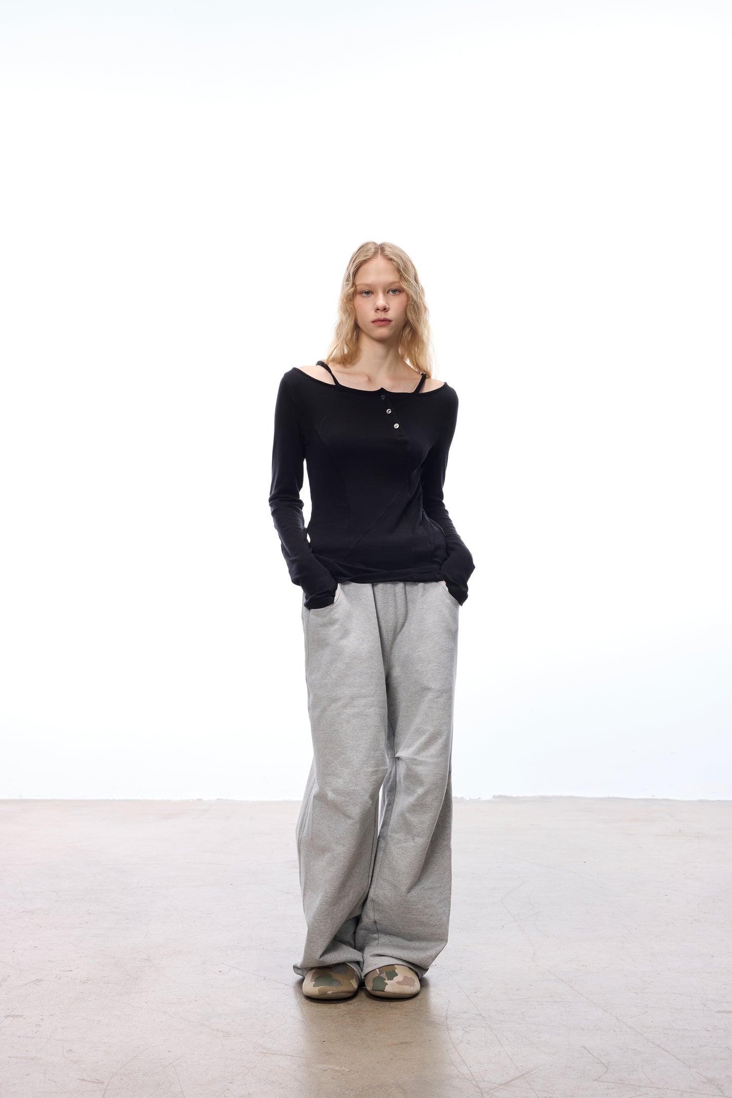 Women's Off-Shoulder Asymmetric Strap Wool Tencel Slim Fit Layered Long Sleeve Casual Top