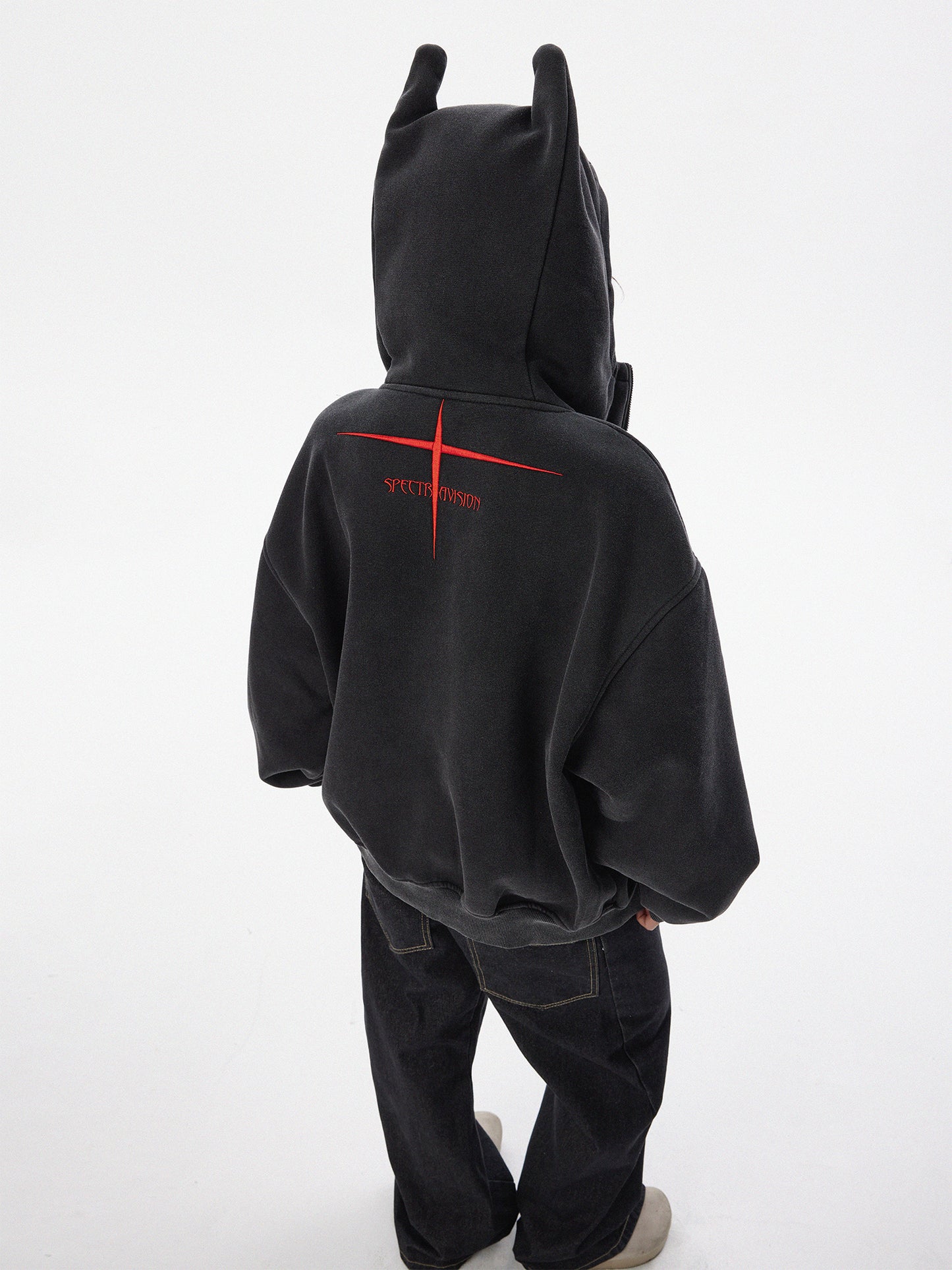Washed and old effect devil hooded sweater women's zipper cardigan jacket tide