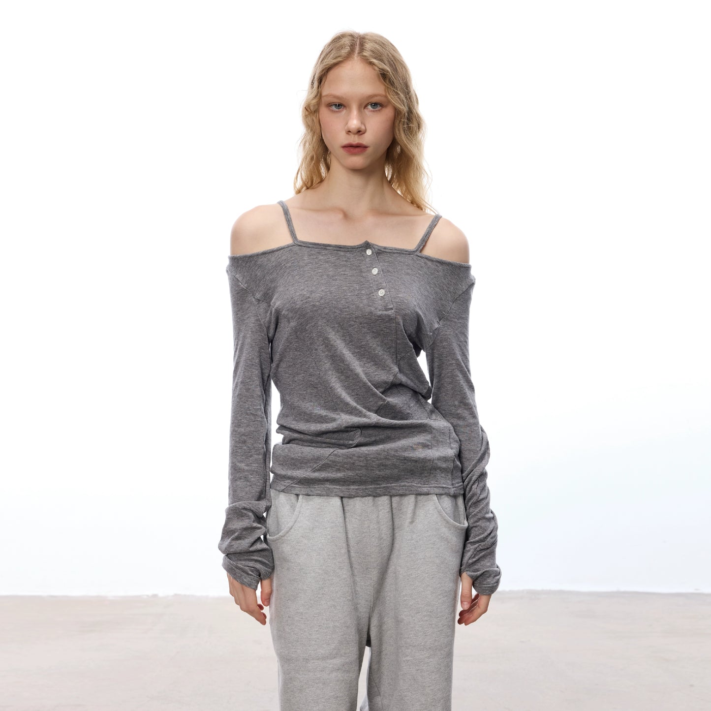 Women's Off-Shoulder Asymmetric Strap Wool Tencel Slim Fit Layered Long Sleeve Casual Top