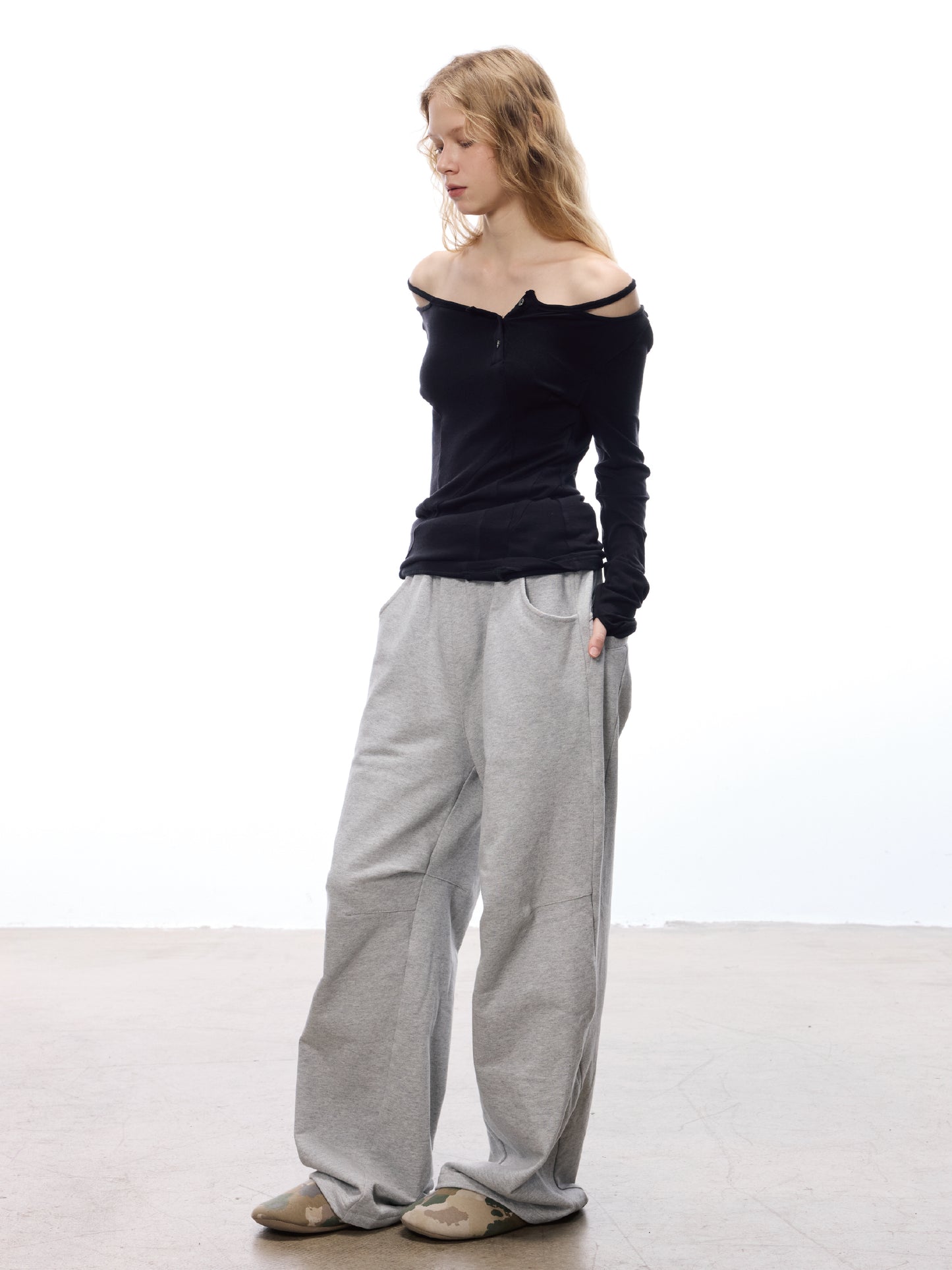 Women's Off-Shoulder Asymmetric Strap Wool Tencel Slim Fit Layered Long Sleeve Casual Top