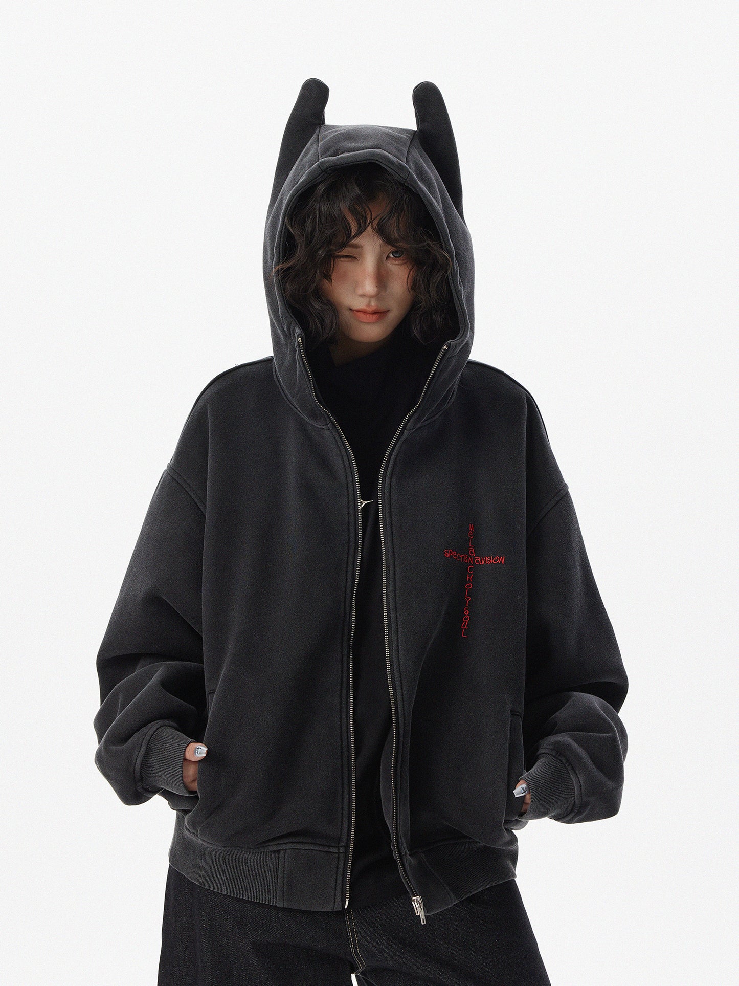 Washed and old effect devil hooded sweater women's zipper cardigan jacket tide