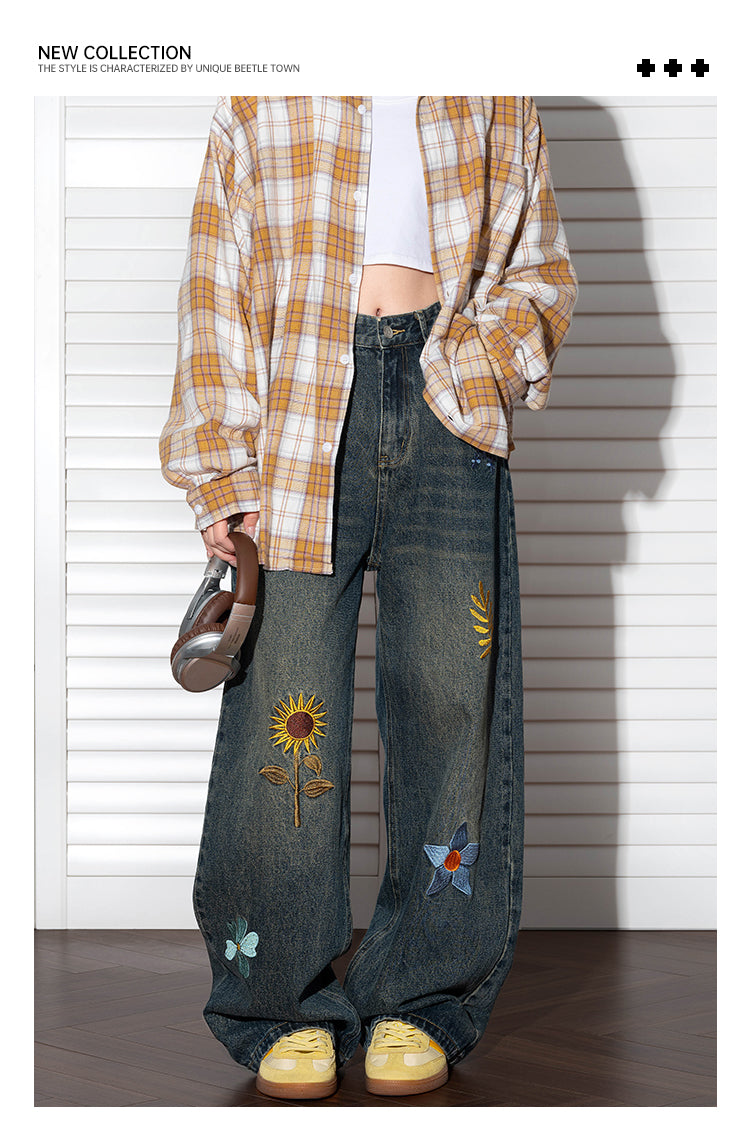 Women's embroidered straight jeans loose high waist tight wide leg pants