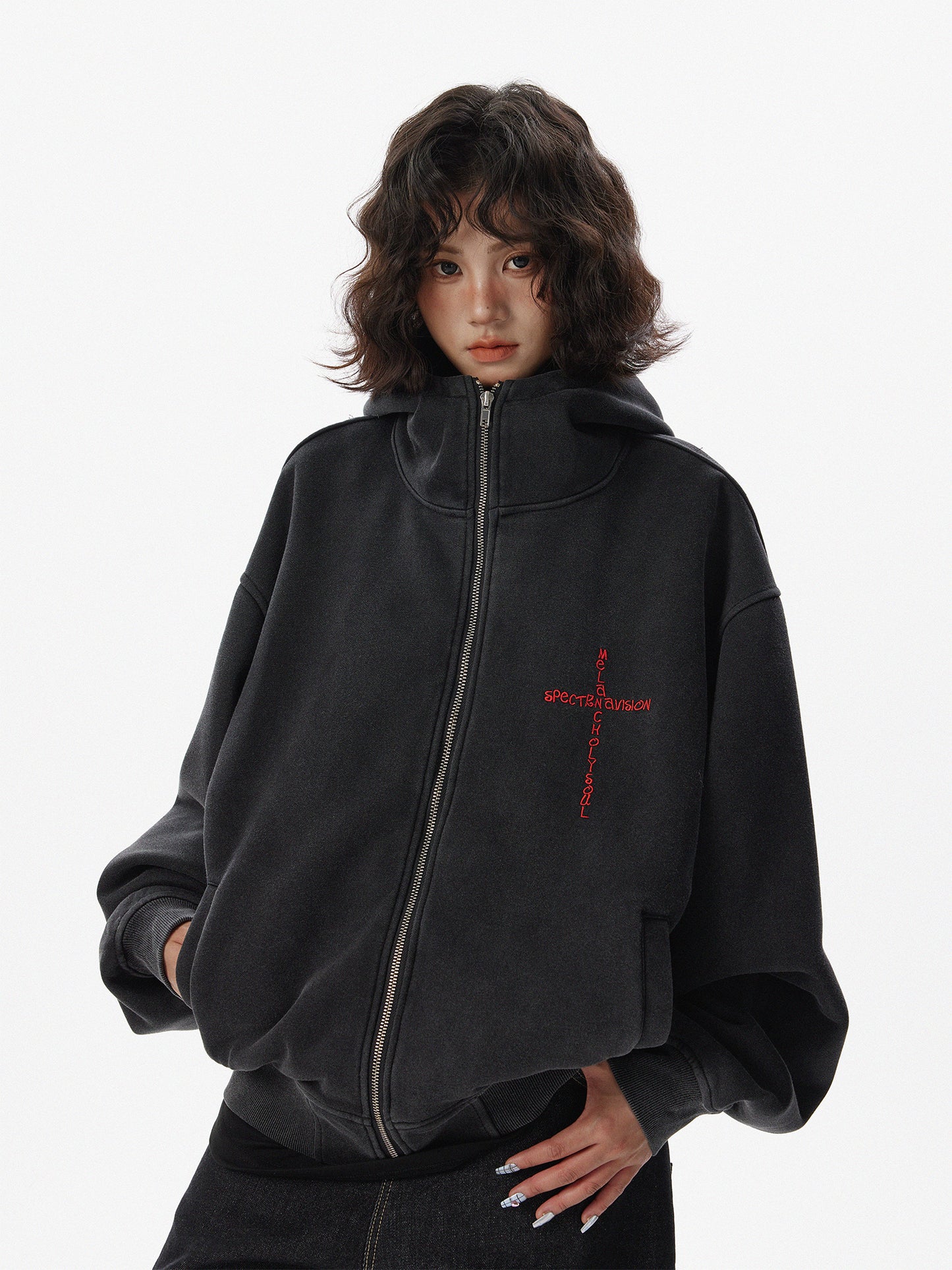 Washed and old effect devil hooded sweater women's zipper cardigan jacket tide