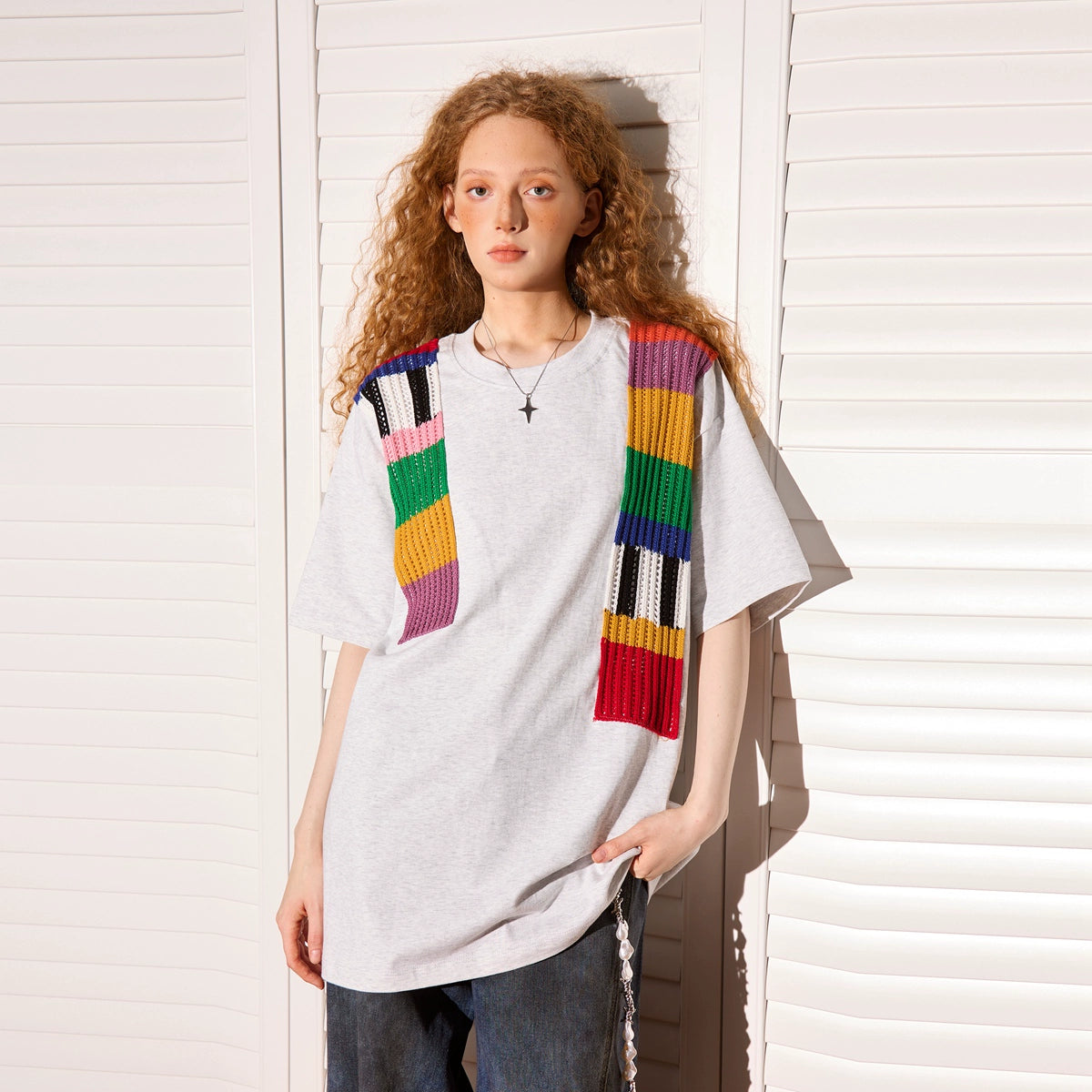 Rainbow wool splicing short-sleeved T-shirt
