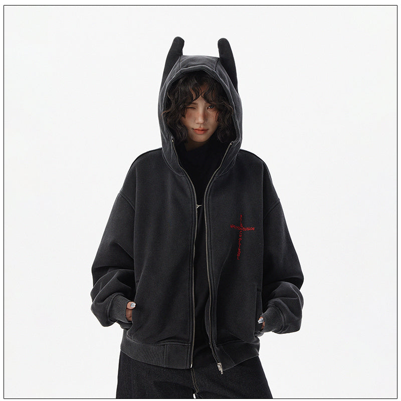 Washed and old effect devil hooded sweater women's zipper cardigan jacket tide