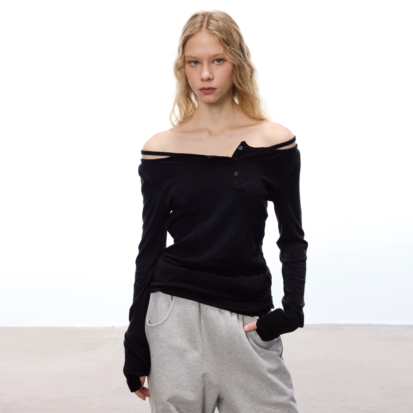 Women's Off-Shoulder Asymmetric Strap Wool Tencel Slim Fit Layered Long Sleeve Casual Top