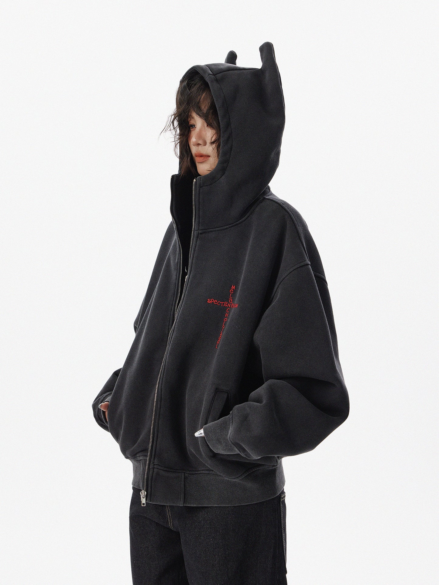 Washed and old effect devil hooded sweater women's zipper cardigan jacket tide