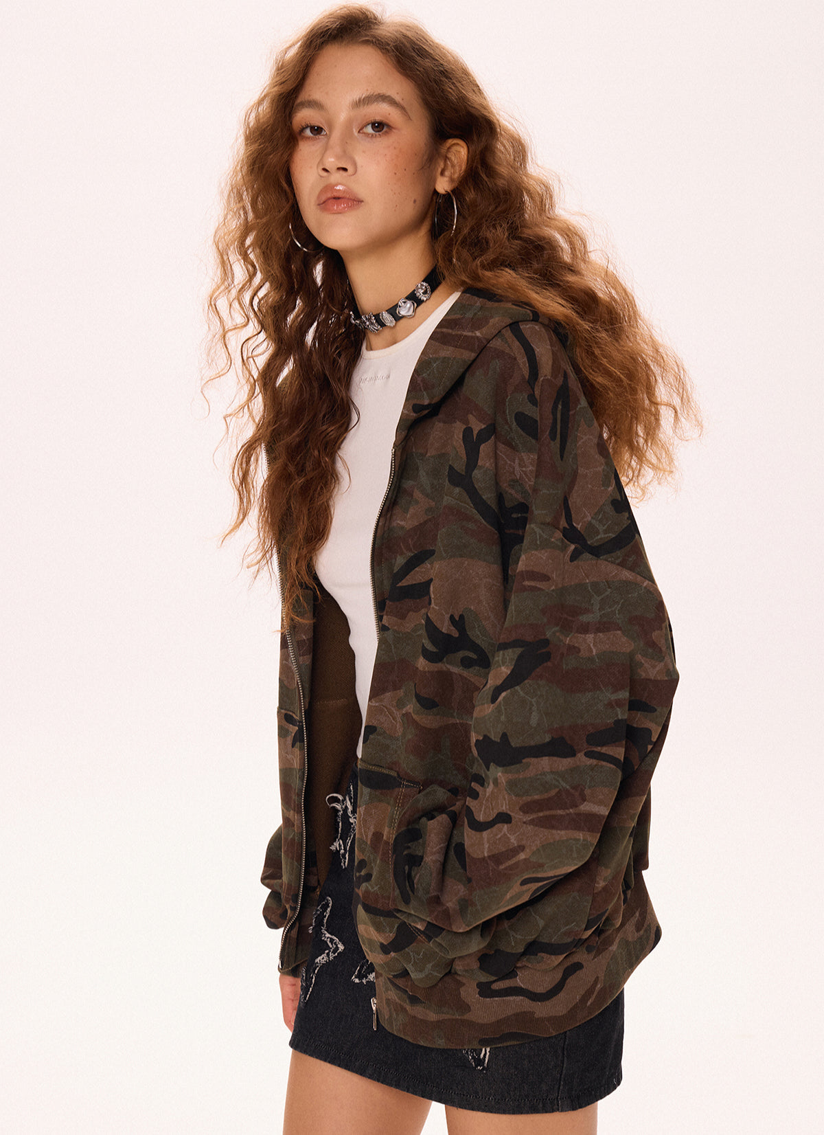 Camouflage Hooded Sweater Jacket Cardigan Zip-Up Top