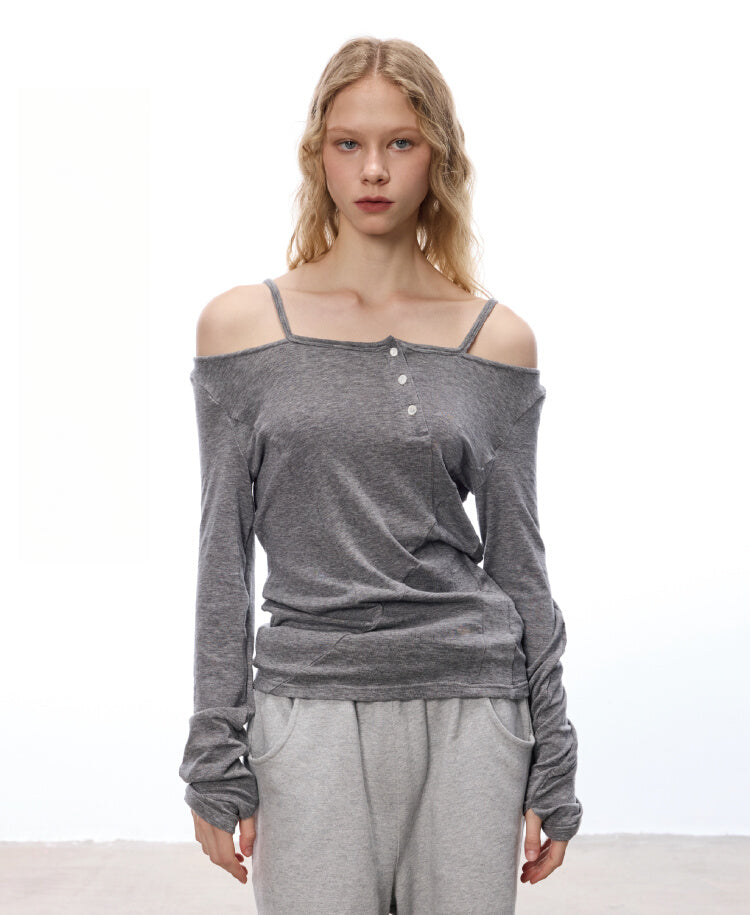 Women's Off-Shoulder Asymmetric Strap Wool Tencel Slim Fit Layered Long Sleeve Casual Top