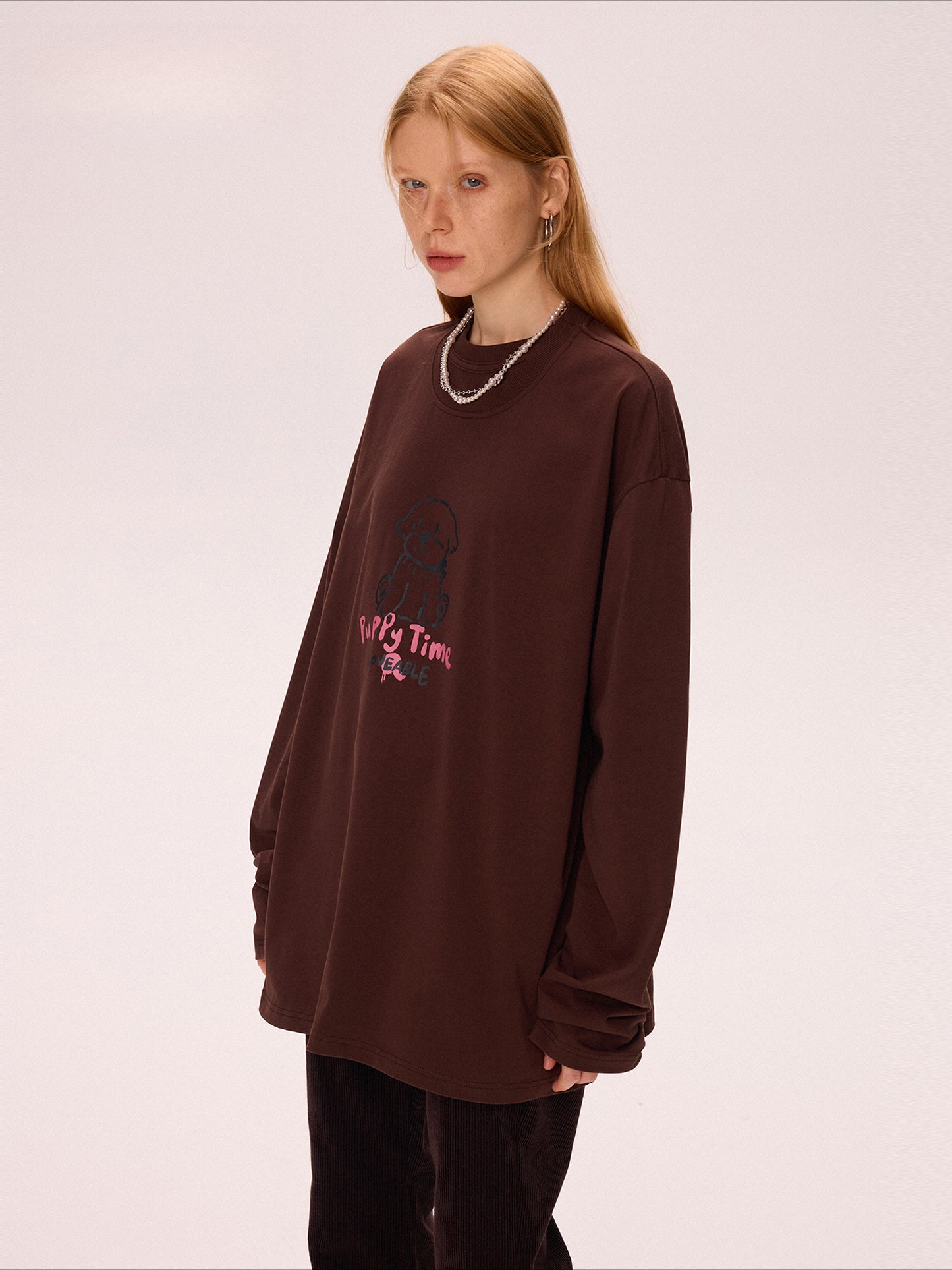 Brown Printed Long Sleeve Loose Sweatshirt
