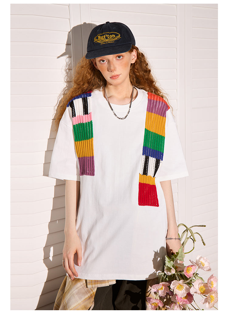 Rainbow wool splicing short-sleeved T-shirt