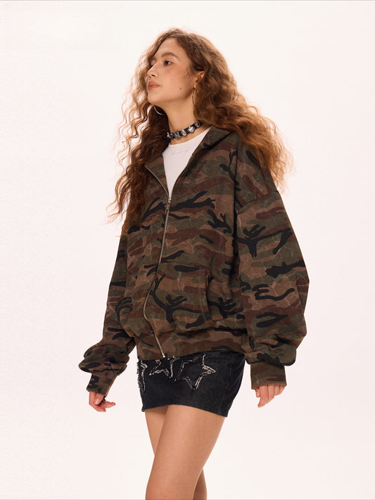 Camouflage Hooded Sweater Jacket Cardigan Zip-Up Top