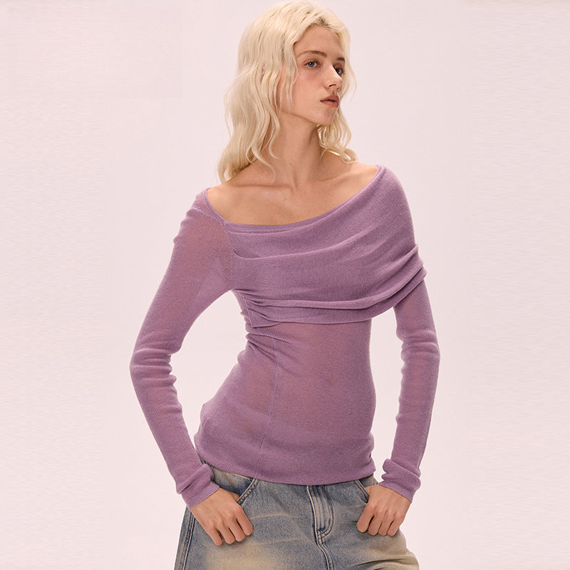 Purple off-shoulder knitted long-sleeved T-shirt with slim fit and white top
