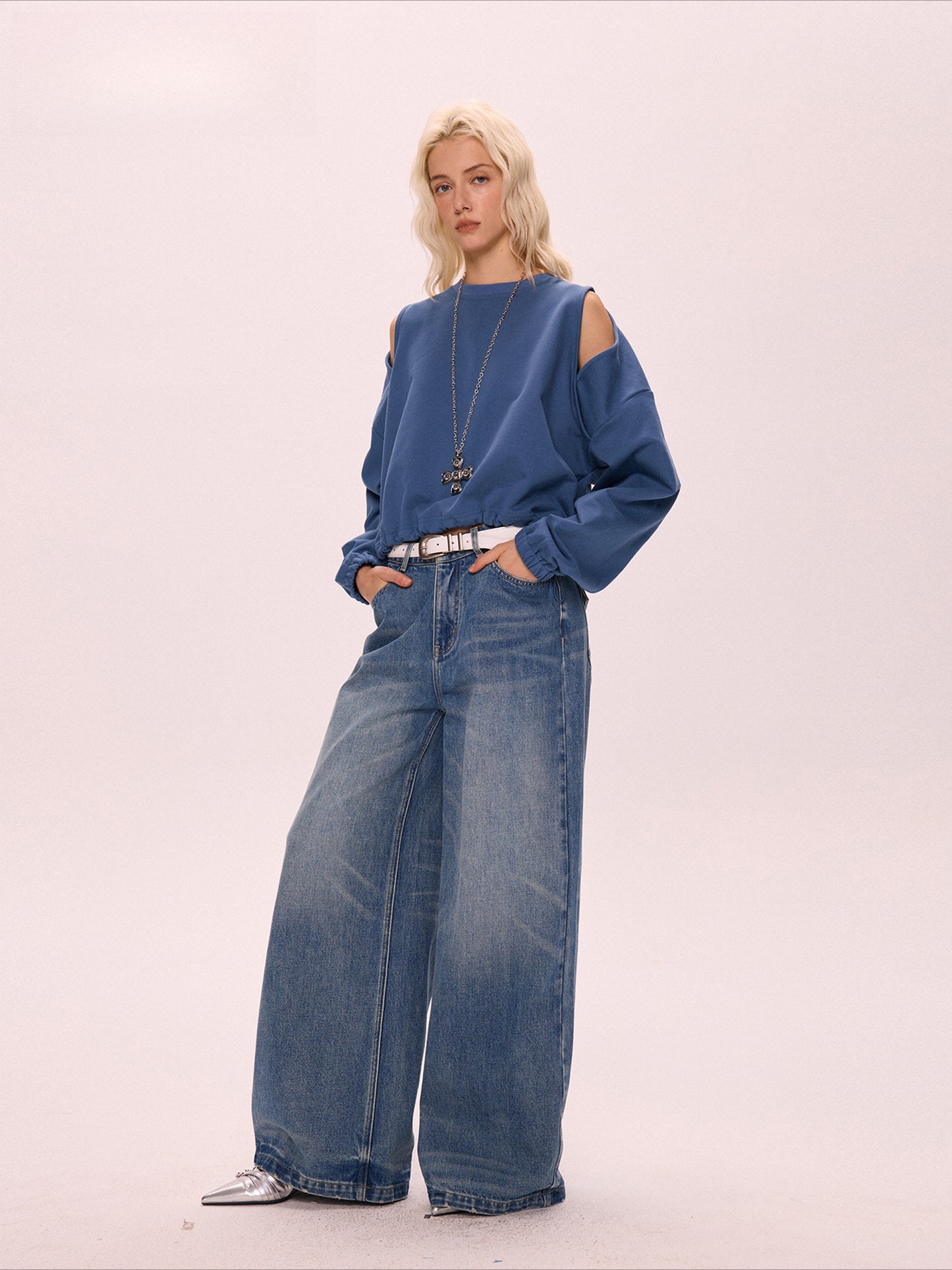 Blue off-shoulder short drawstring crew neck sweater