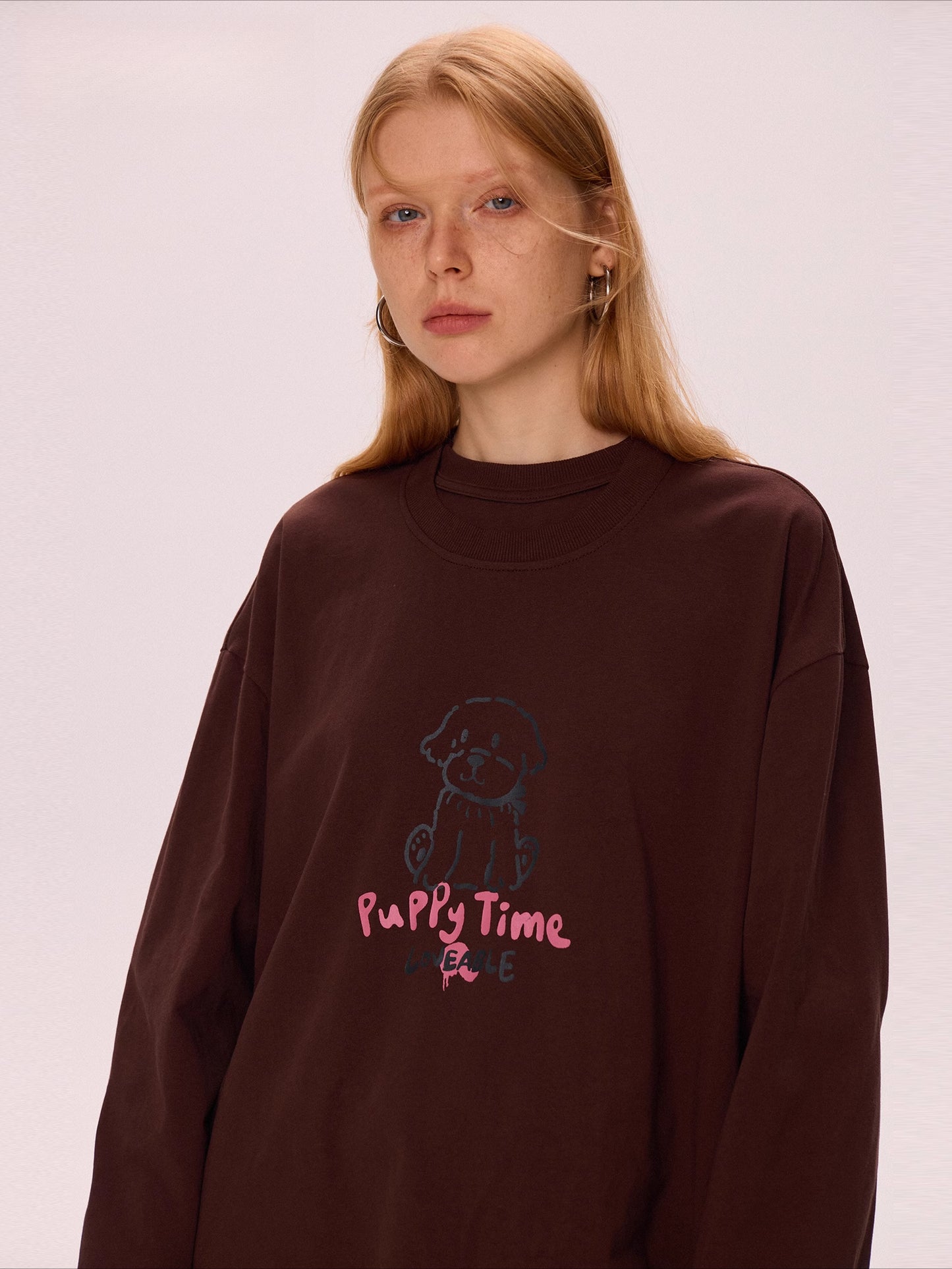 Brown Printed Long Sleeve Loose Sweatshirt