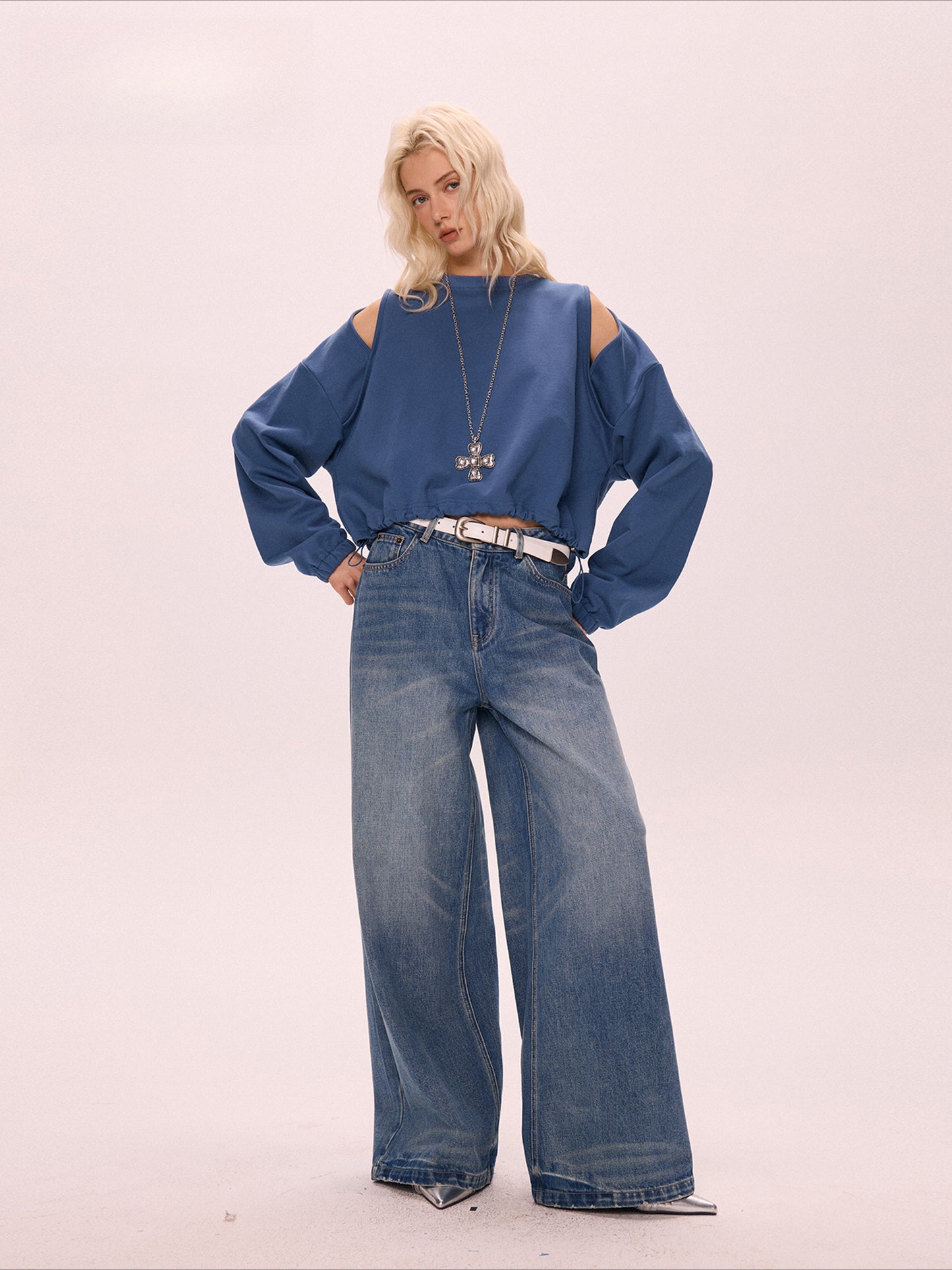 Blue off-shoulder short drawstring crew neck sweater