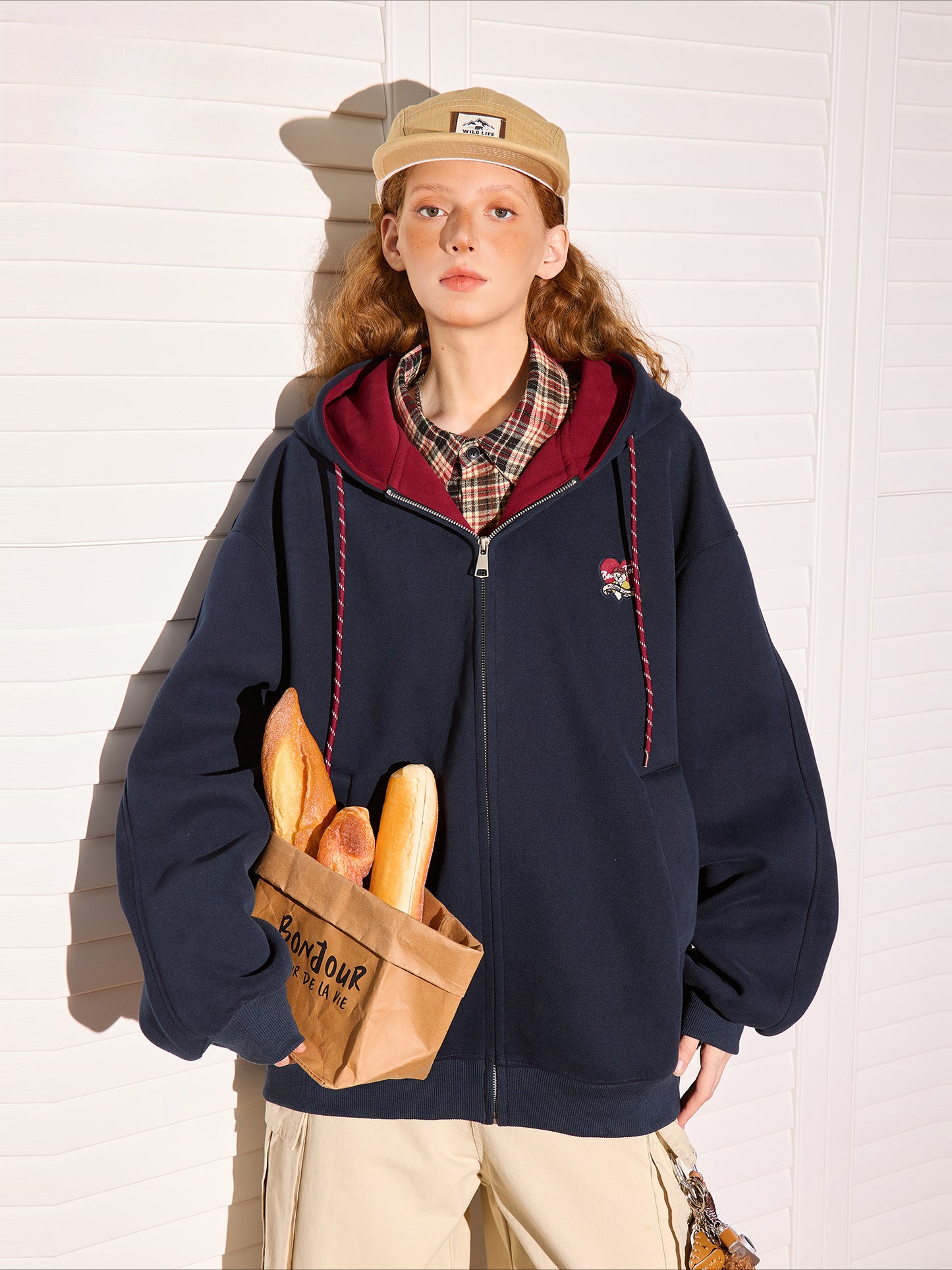 Bear embroidered color-block cardigan