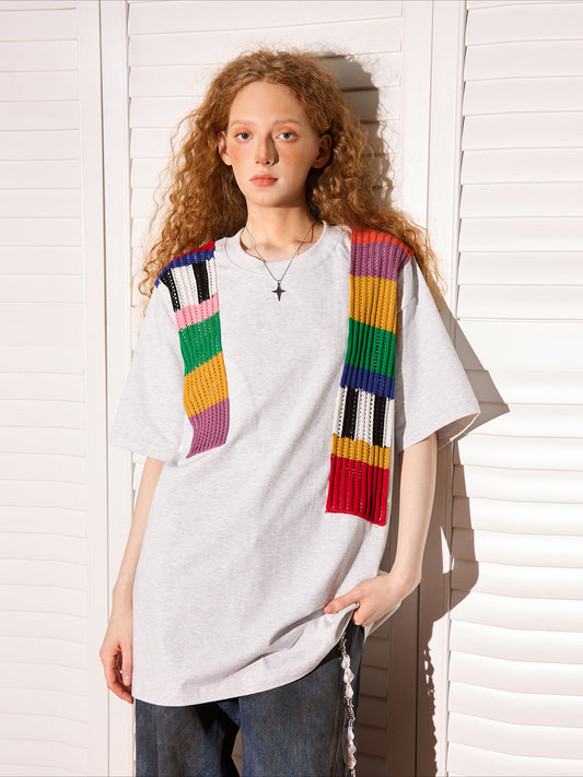 Rainbow wool splicing short-sleeved T-shirt