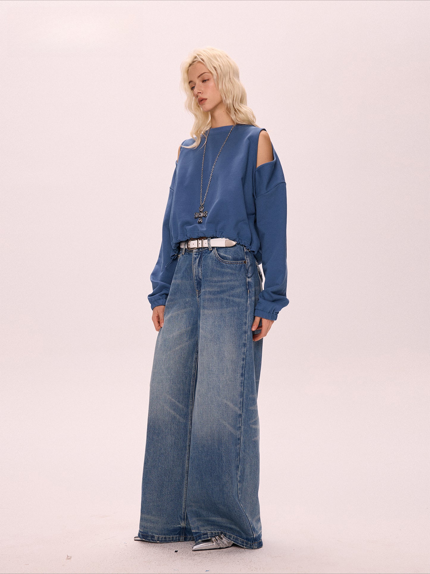 Blue off-shoulder short drawstring crew neck sweater