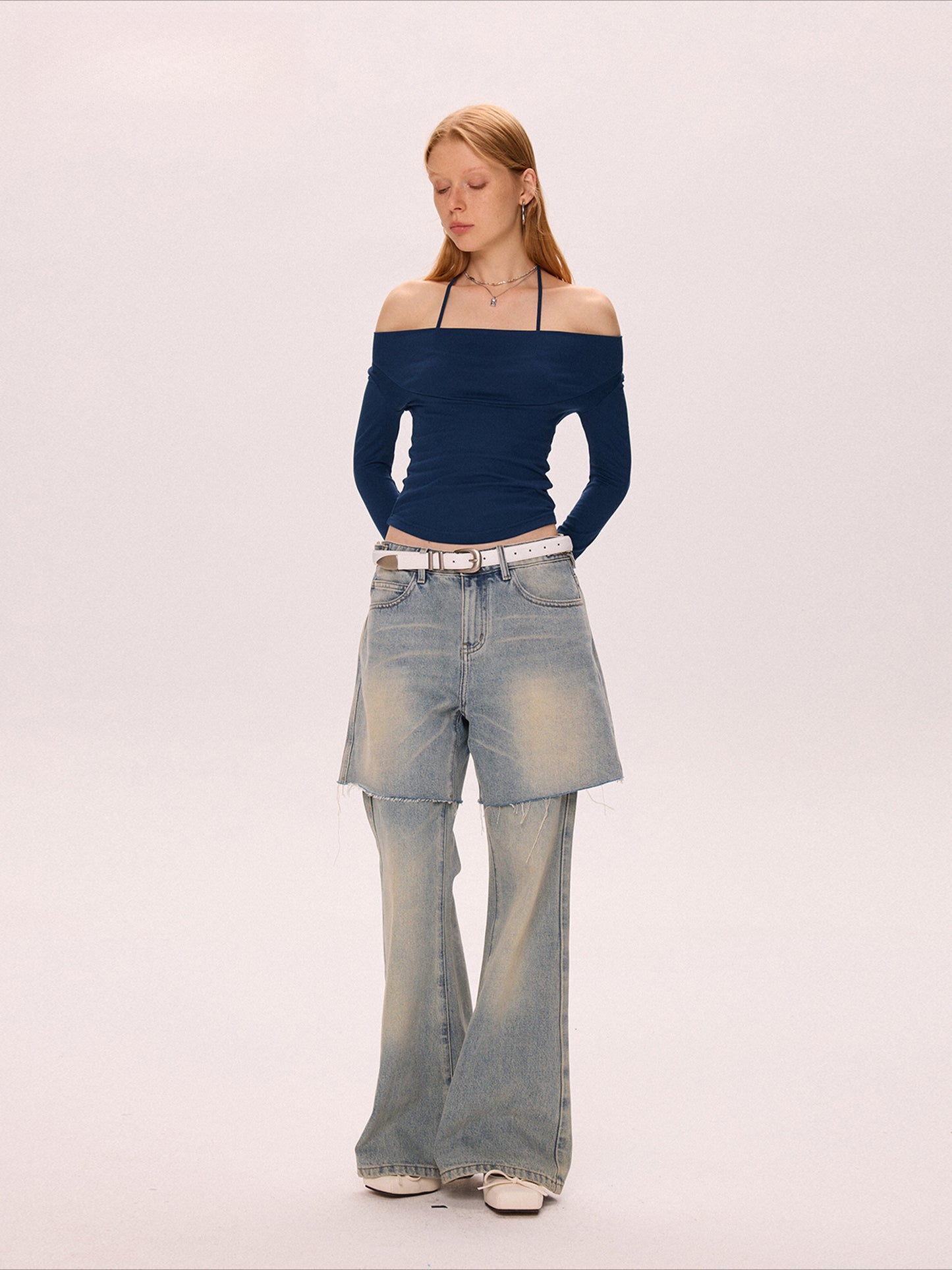 Blue and black neck swing collar T-shirts