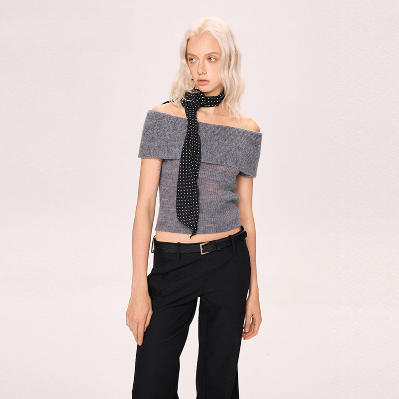 Shoulder long short-sleeved sweater
